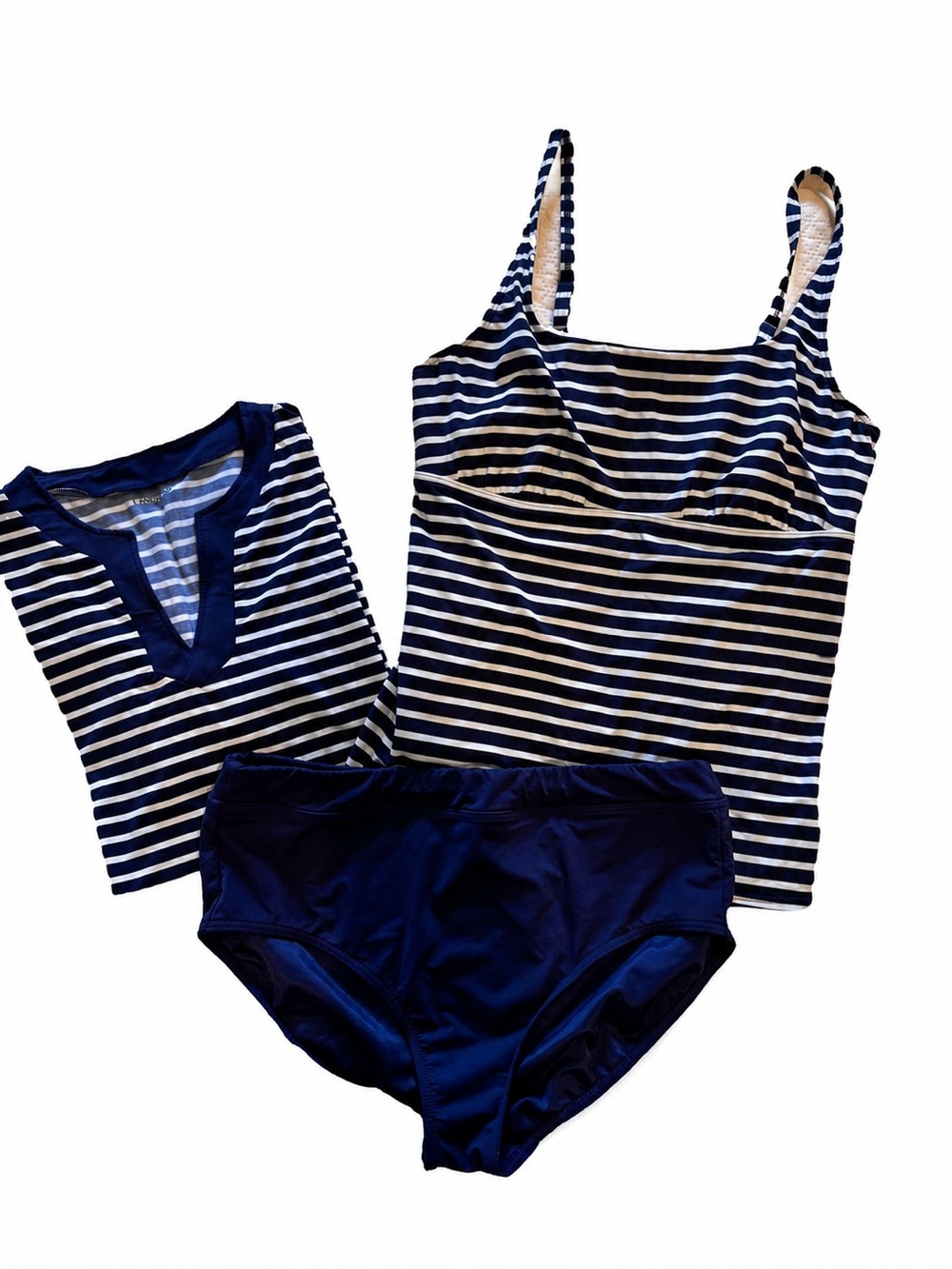 Lands End 3 piece Navy & White Stripe Swim Set XL/16-18 (tankini & shirt)